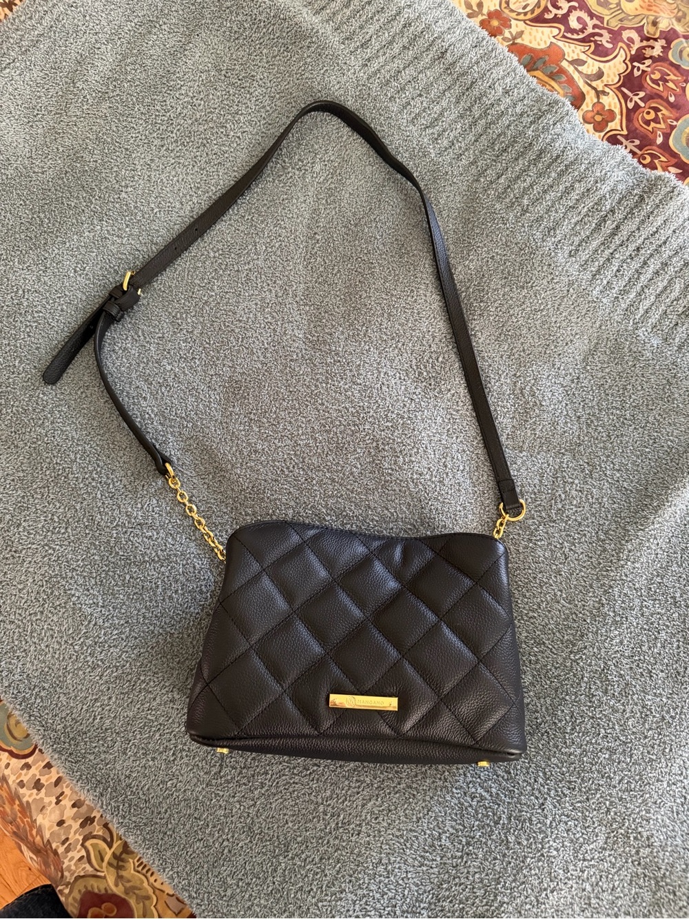 Mangano Black Quilted Crossbody Shoulder Bag Gold Hardware Unused